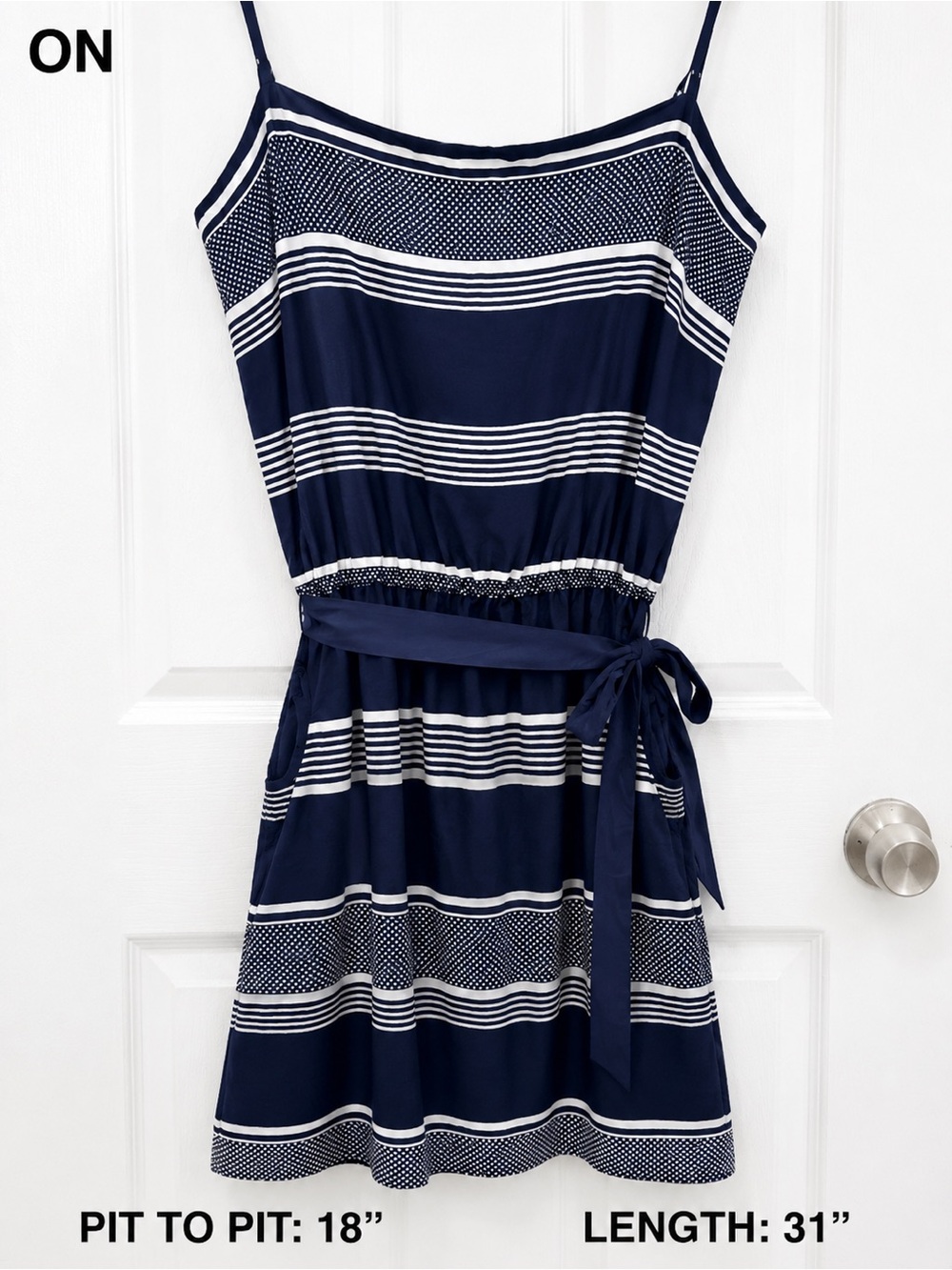 GAP Navy and White Striped Spaghetti Strap Mini Dress with Waist Tie